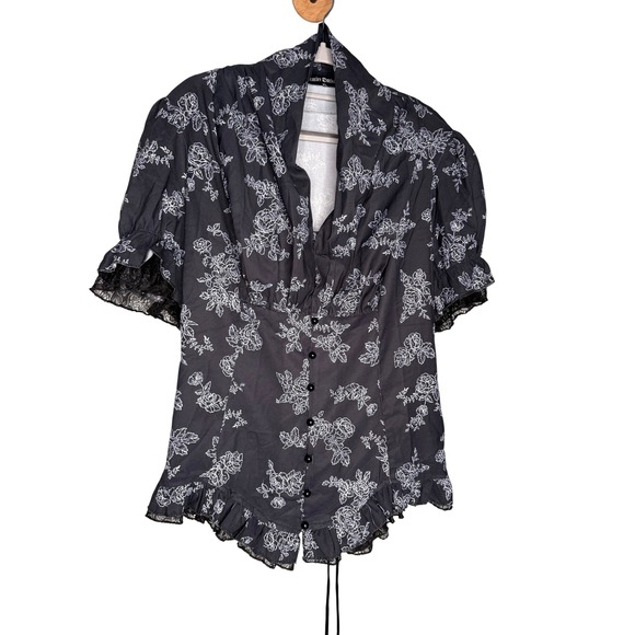 Scarlet Darkness Tops - Scarlett Darkness black floral corset lace up back dark goth short sleeve blouse